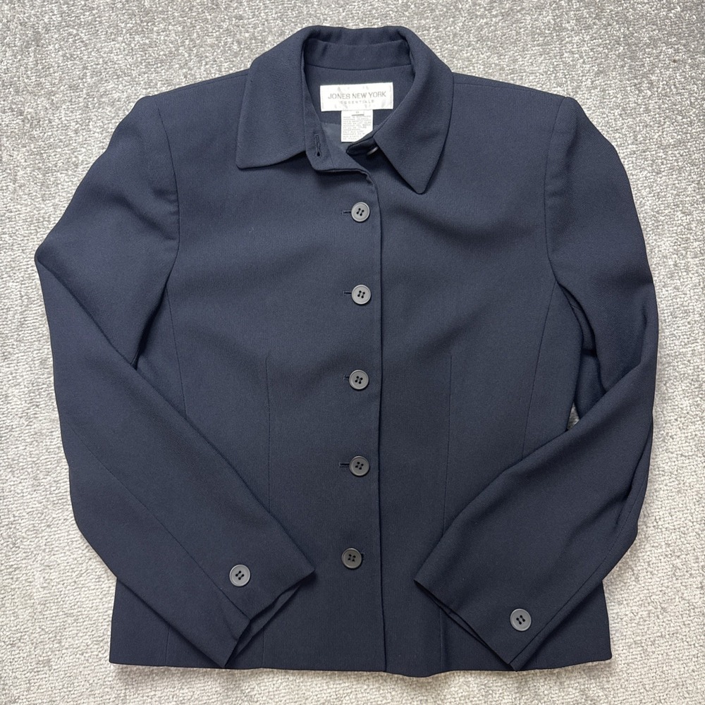 Vintage Size 8 Jones New York Blazer Navy Solid Shoulder Pads Blue Jacket